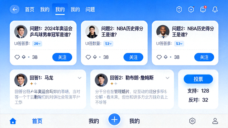 体育问答平台界面示意图 - 展示问题列表与回答投票功能